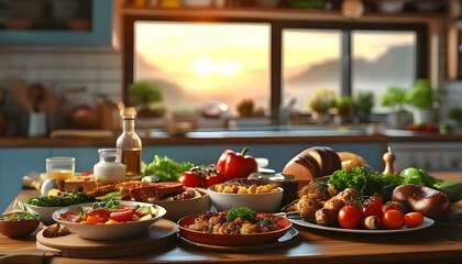 Fragrant feast on the table with a warm kitchen backdrop and gentle morning sunlight streaming in