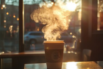 Sticker - Steam Rising from a Cup of Coffee on a Table by a Window