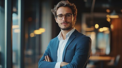 Poster - A professional man in a stylish outfit stands confidently in a well-lit modern workspace, showcasing a dynamic and approachable demeanor.