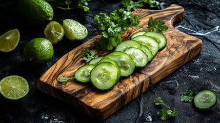 A beautiful wooden serving board with a generous portion of garnished with lime wedges and sliced cucumbers, perfect for a casual dining setting.