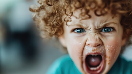 A portrait of a young child with curly hair and a messy face expressing anger and frustration, highlighting the emotional depth and innocence of childhood.