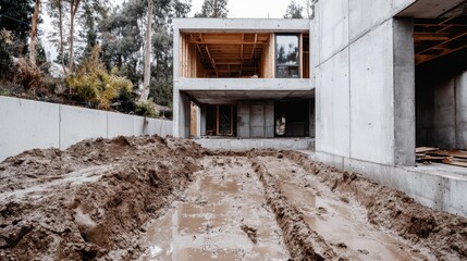 A modern house is under construction featuring concrete elements and wooden structures, surrounded by trees and a muddy construction site with heavy equipment tracks.