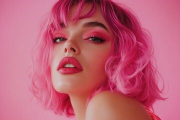 Wall Mural - A beautiful woman with pink hair and makeup, in a fashionable style, against a pink background.