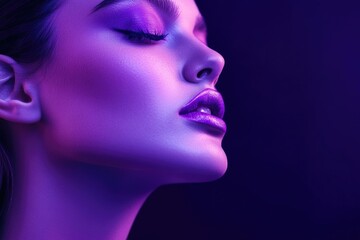 Wall Mural - A beautiful woman with purple makeup isolated on a dark violet background.