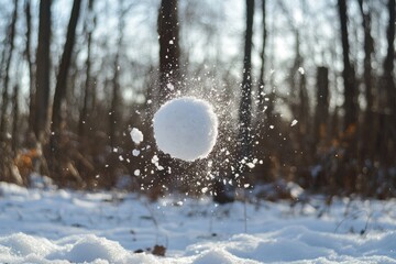 Canvas Print - A Perfectly Formed Snowball in Mid-Flight Against a Defocused Forest Background