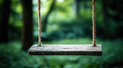 A single swing made from weathered wood hangs by sturdy ropes, set in a calm, green forest, symbolizing simplicity and peace amidst nature's tranquility and lushness.