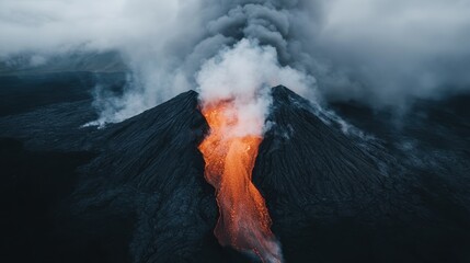 A captivating scene of a volcano erupting, with molten lava flowing down its sides and a thick cloud of smoke billowing into the sky, depicting nature's raw power.