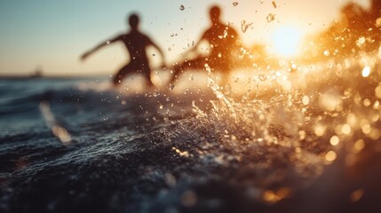 Silhouettes of two people delighting in the water splashes at the beach during sunset. The golden sunlight illuminates the playful scene, capturing the joy of summertime.