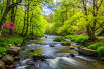 Wall Mural - Tranquil river flowing through lush green forest landscape