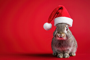 Cute gray rabbit wearing a Santa hat against a red background, ideal for festive Christmas holiday designs and greeting cards.