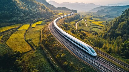 Fototapete - A bird's-eye view of a high-speed train moving along curved tracks in a rural area, showcasing its integration with natural landscapes.
