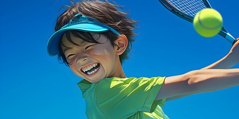 Smiling Tennis Player Hits Ball with Racket, Copy Space in Blue Sky