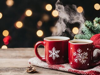 Cozy red mugs with steaming coffee, festive decor, warm atmosphere, holiday spirit.