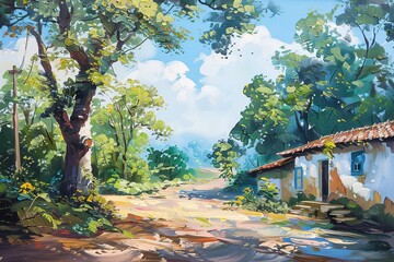 Digital oil paintings rural landscape, the road in old village, landscape with a house and trees, artwork