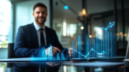 Fototapete - A businessman presenting a 3D bar chart in a modern office, with data bars floating above the table, emphasizing growth and success in business performance