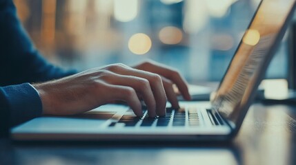 Poster - A close-up of hands typing on a laptop, set against a blurred background, highlighting the focus on productivity and technology in a modern workspace.