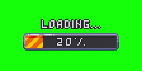 Aufkleber - Pixel art loading animation, retro game start, 8 bit, download bar screen. Pixelated progress animation. Loading from 0 to 100 percent. Video on green background