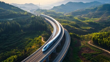 Fototapete - A bird's-eye view of a high-speed train moving along curved tracks in a rural area, showcasing its integration with natural landscapes.