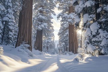 Poster - Snow-Covered Trees and a Path Through a Winter Forest