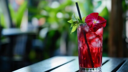 Poster - A chilled glass of iced roselle drink with syrup, ice cubes, and a straw, beautifully garnished with a fresh roselle flower, sitting on an outdoor