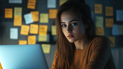 Poster - A focused young woman gazes intently at her laptop amidst a backdrop of colorful sticky notes, conveying a sense of determination and creativity.