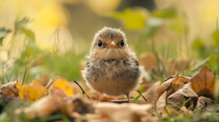 A close-up of a baby bird with soft, downy feathers, looking curiously at the camera, surrounded by fallen leaves and grass in a natural habitat.