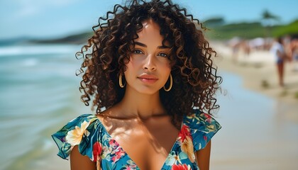 Radiant woman with curly hair in floral summer dress enjoying the beach with ocean waves and beachgoers in the background