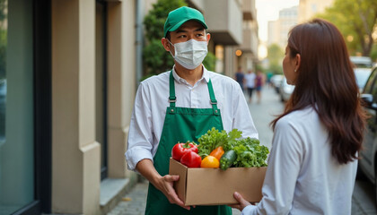 Wall Mural - Back to new normal concept Asian young delivery man in uniform wear protective face mask he making grocery service giving fresh food to woman customer receiving front house under pandemic coronavirus,