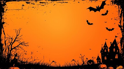 Spooky Halloween background with haunted house silhouette on the left and pumpkin, bat illustrations in the right corner. Orange and black vector illustration with grunge texture and rough edges, leav