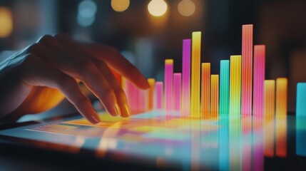 Poster - A close-up of a multicolored 3D bar chart on a digital tablet, with hands interacting with the chart, highlighting interactive data visualization.