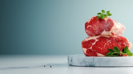 Delicate raw beef cuts displayed on a marble surface, garnished with herbs. Perfect for culinary inspiration, recipes, or food photography.