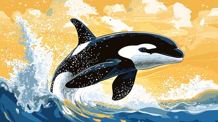 Wall Mural - a black and white orca whale leaps out of the water, creating a splash, against a yellow sunset sky.