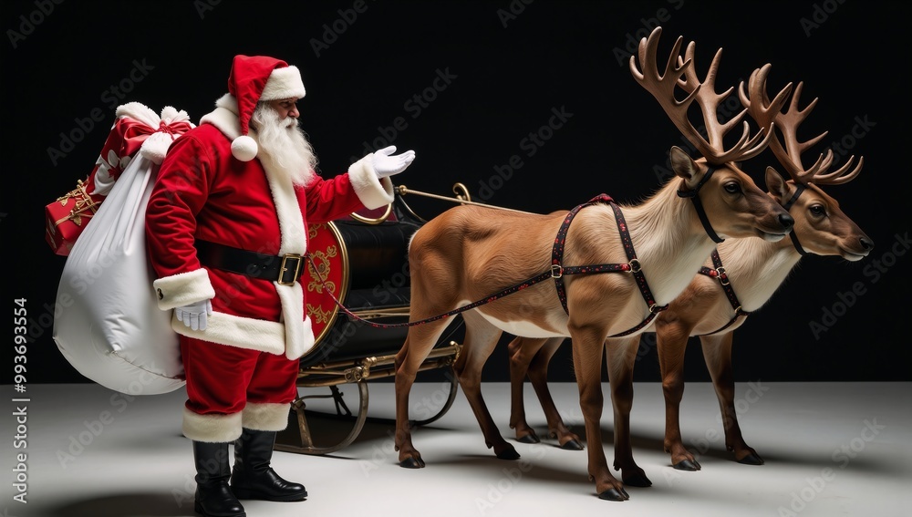 Santa Claus is depicted delivering presents with his sleigh and team of ...