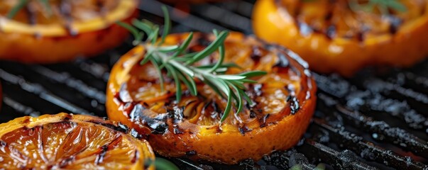 Wall Mural - Close-up of charred, roasted citrus slices with herbs on a hot grill, sizzling to perfection. Free copy space for text.