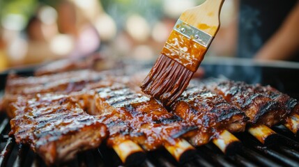 Wall Mural - A close-up of grilled pork ribs being brushed with a sweet and spicy glaze, with a background of a busy barbecue setting and friends enjoying the feast.