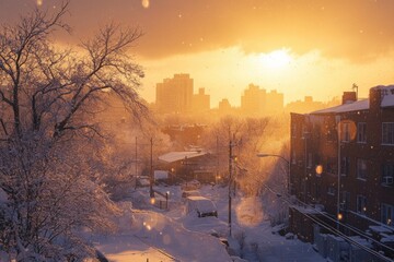 Wall Mural - Snowy Cityscape with Golden Sunset and Bare Trees