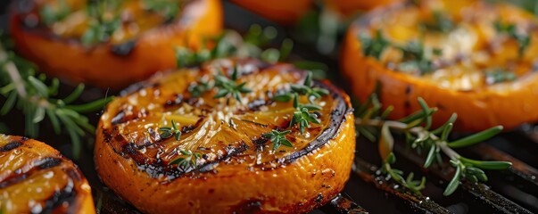 Wall Mural - Close-up of charred, roasted citrus slices with herbs on a hot grill, sizzling to perfection. Free copy space for text.