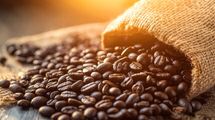 Poster - A close-up of roasted coffee beans spilling out of a burlap sack onto a rustic wooden table, with warm sunlight highlighting the rich textures of the beans.