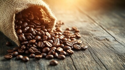 Poster - A close-up of roasted coffee beans spilling out of a burlap sack onto a rustic wooden table, with warm sunlight highlighting the rich textures of the beans.