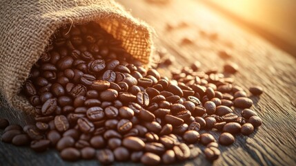 Poster - A close-up of roasted coffee beans spilling out of a burlap sack onto a rustic wooden table, with warm sunlight highlighting the rich textures of the beans.