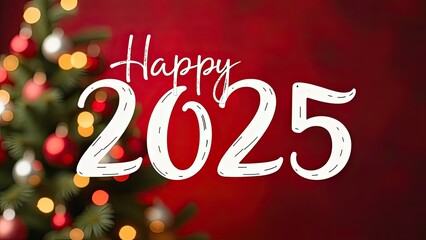 happy 2025 banner, new year card over red Christmas blurred background with blurred Christmas tree