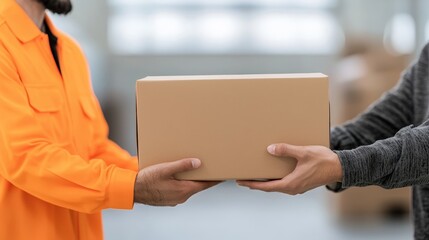 Delivery person handing a cardboard package to another person, indoor environment.