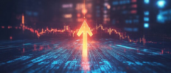 Poster - Digital graphic depicting an upward arrow over a data visualization background.