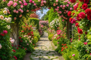 Poster - Garden pathway lined with vibrant pink and red roses