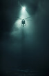 © Dariya - a helicopter flying over and shining a spotlight, in the style of criterion collection, found footage, adafruit, concrete brutalism, yankeecore, movie still, glowing lights, cinestill