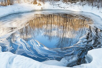 Sticker - Abstract Winter Scene with Reflections of Trees and Sky in Partially Frozen Water