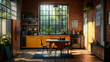 © embun - 3D Render of Kitchen with Brick Wall and Yellow Cabinets