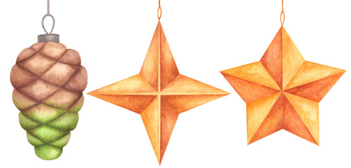 set of hand-painted watercolor illustrations of christmas tree decorations. traditional christmas tr