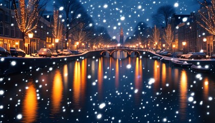 Enchanting Amsterdam canal under nighttime lights amidst serene snowfall