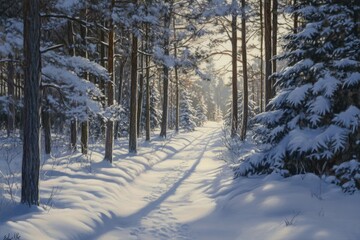 Wall Mural - Sunlit Path Through Snowy Forest